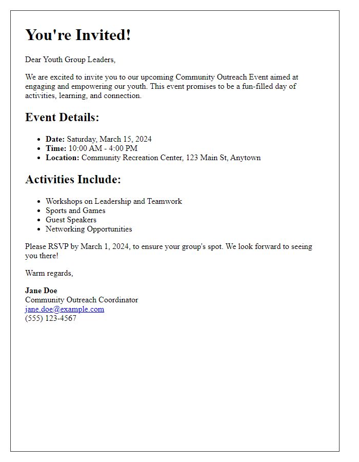 Letter template of community outreach event invitation for youth groups