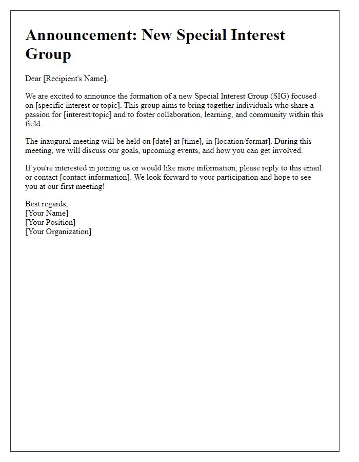 Letter template of announcement for new special interest group