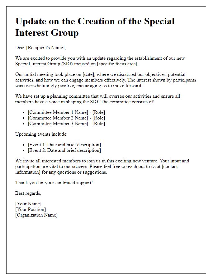 Letter template of special interest group creation update