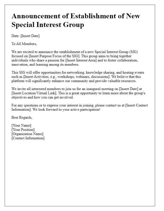 Letter template of special interest group establishment announcement