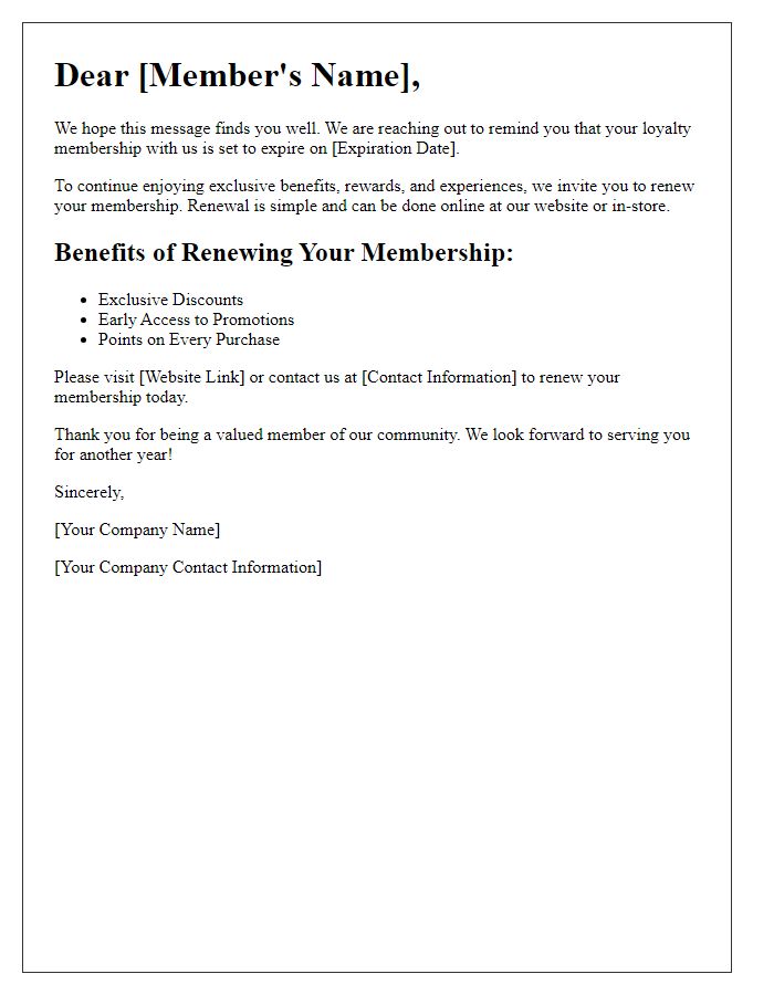 Letter template of Loyalty Membership Renewal Notification