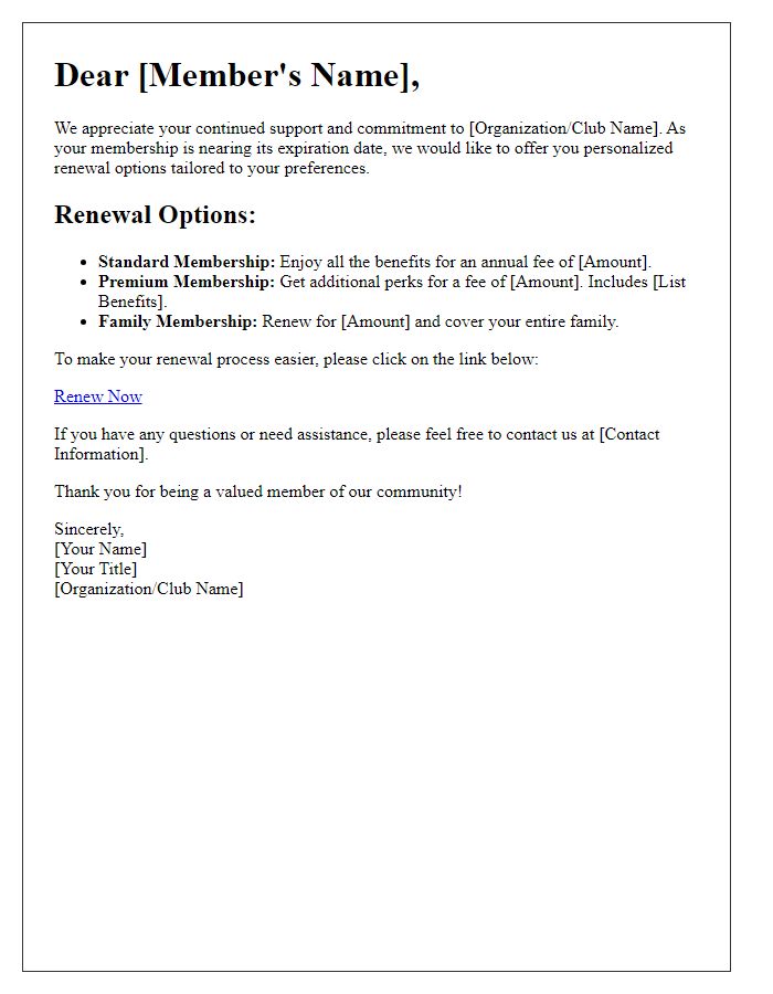 Letter template of Personalized Membership Renewal Options