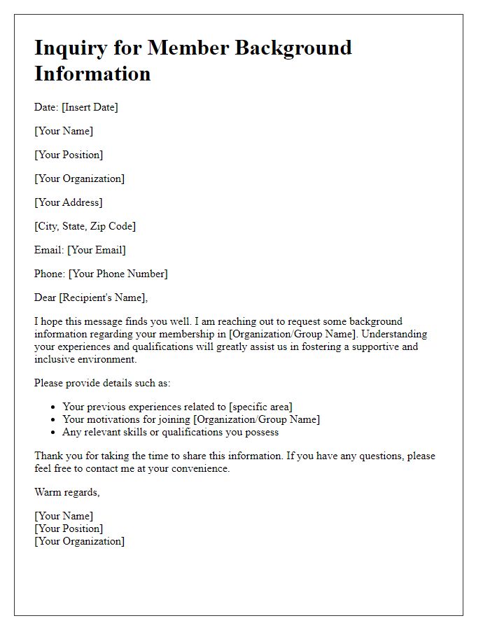Letter template of inquiry for member background information