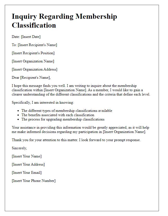 Letter template of inquiry regarding membership classification