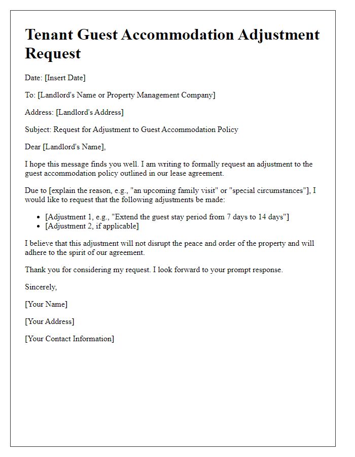 Letter template of tenant guest accommodation adjustment request