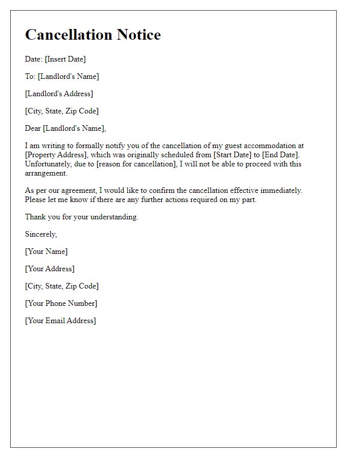 Letter template of tenant guest accommodation cancellation notice