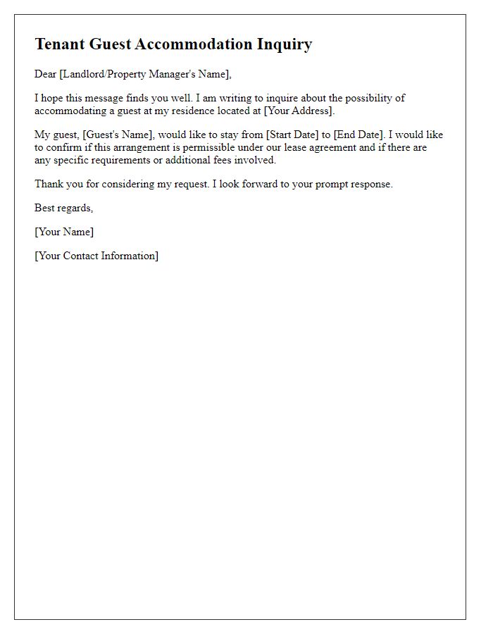 Letter template of tenant guest accommodation inquiry