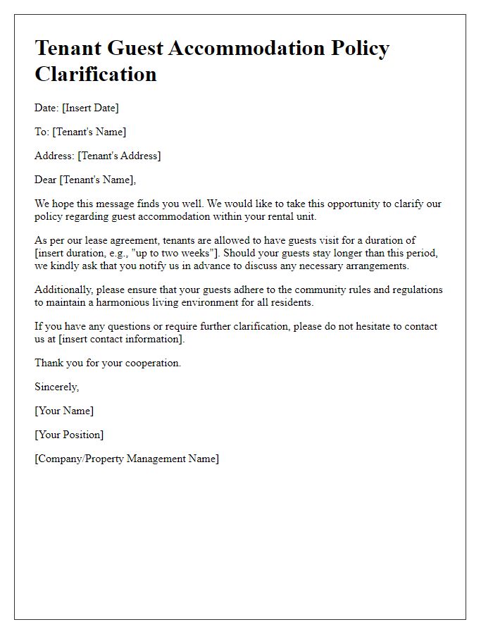 Letter template of tenant guest accommodation policy clarification