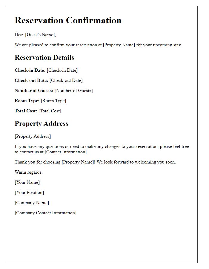 Letter template of tenant guest accommodation reservation confirmation