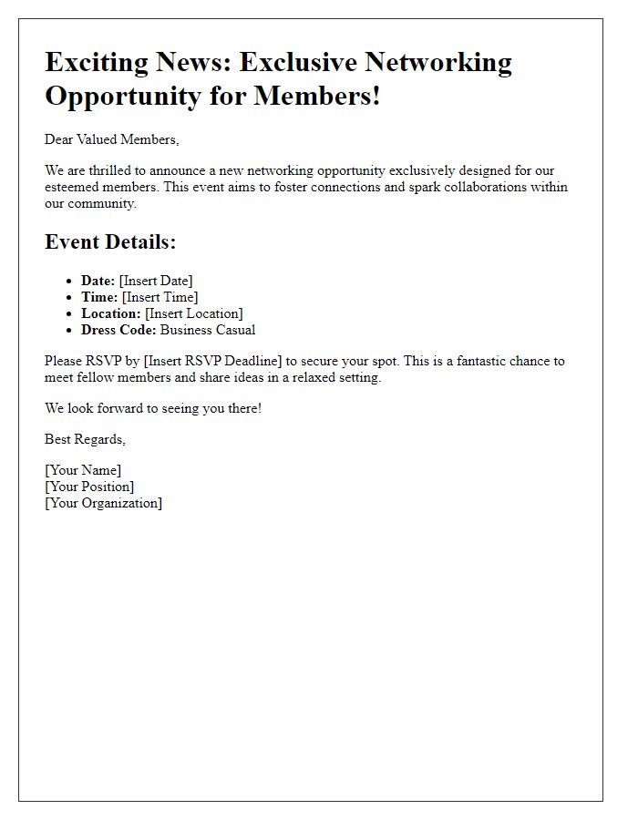 Letter template of announcement for new members-only networking opportunity