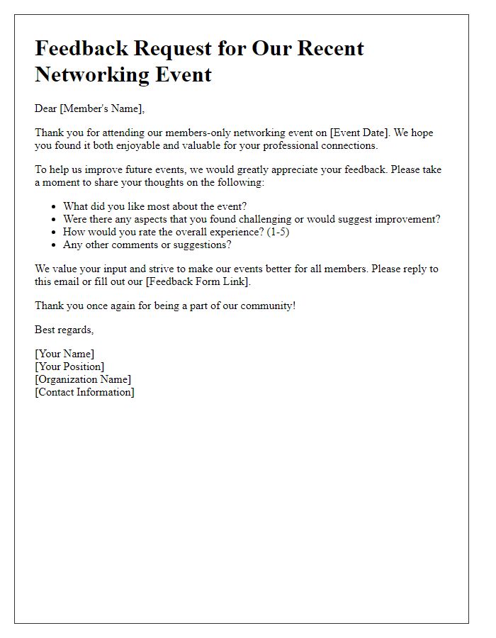 Letter template of feedback request post members-only networking event