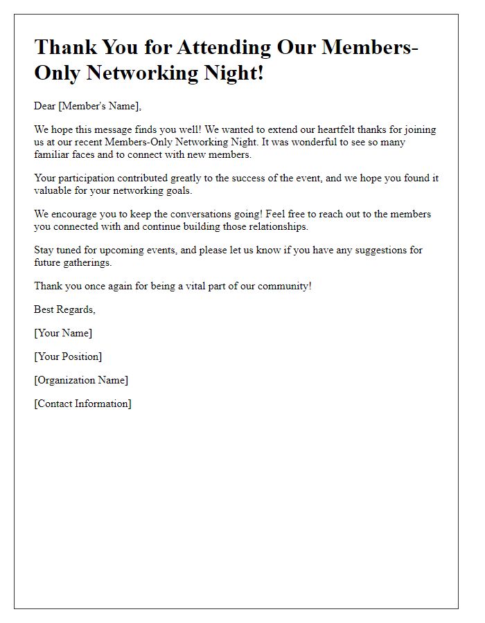 Letter template of follow-up for members-only networking night