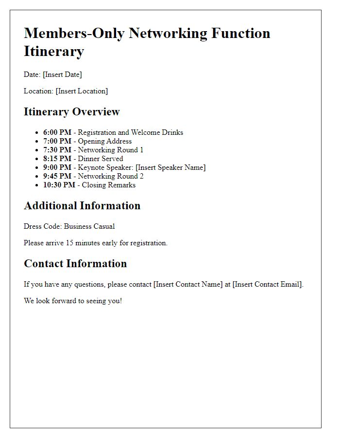 Letter template of itinerary for members-only networking function