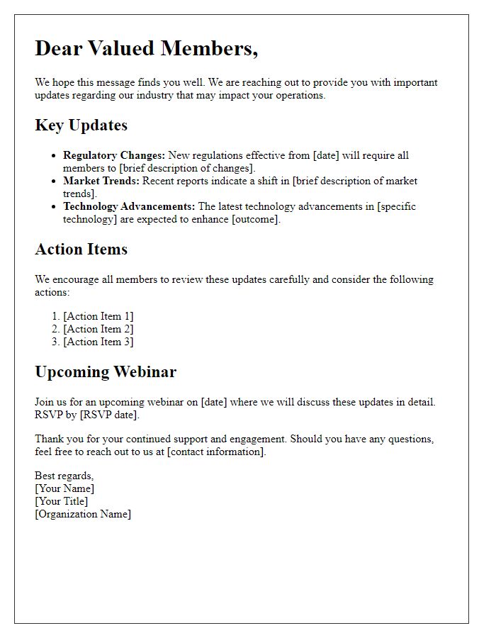 Letter template of critical industry updates for member awareness