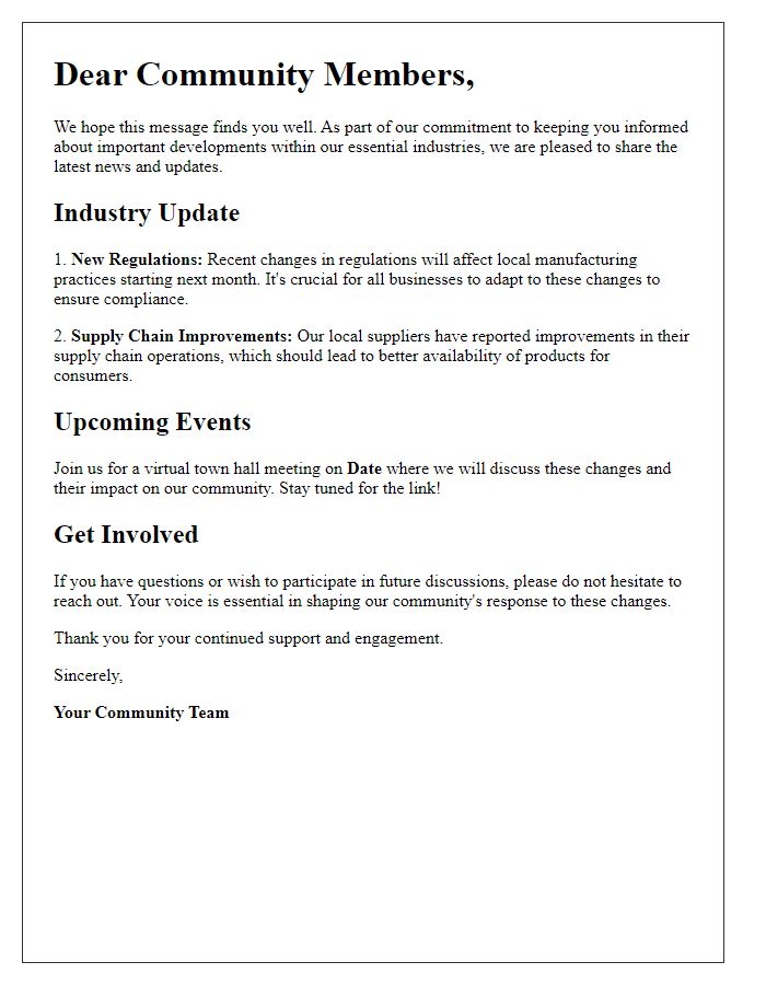 Letter template of essential industry news for our community