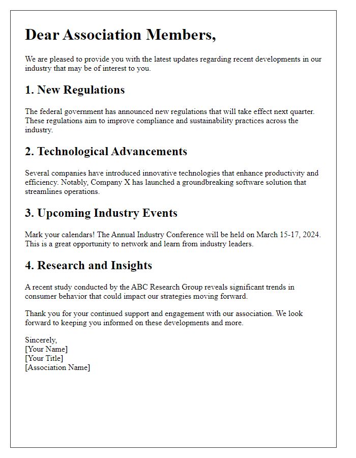 Letter template of recent industry developments for association members