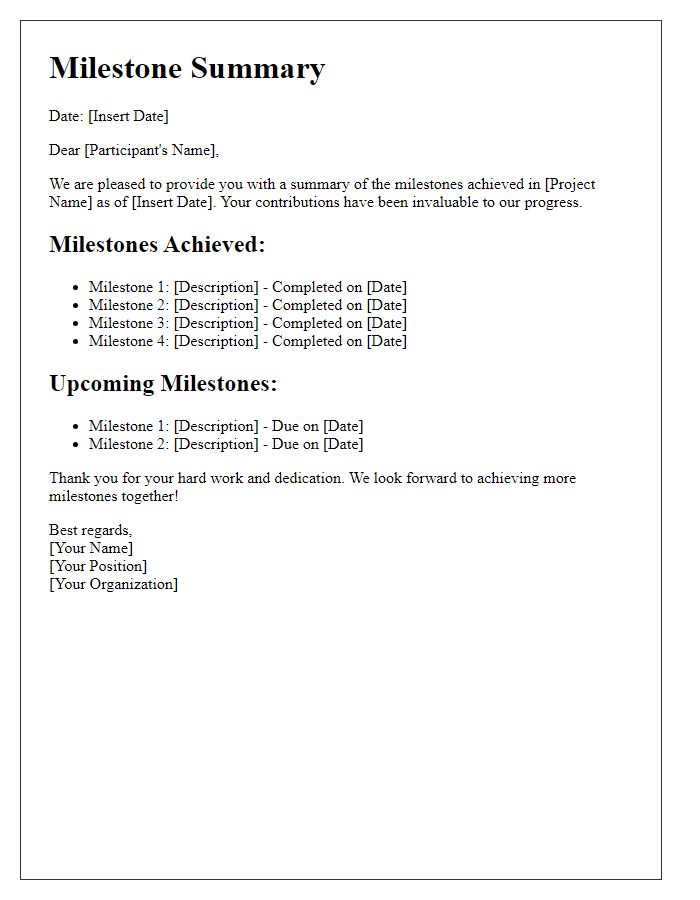 Letter template of milestone summary for participants