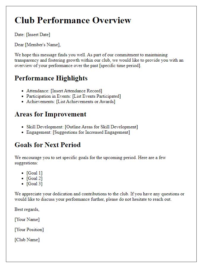 Letter template of performance overview for club members