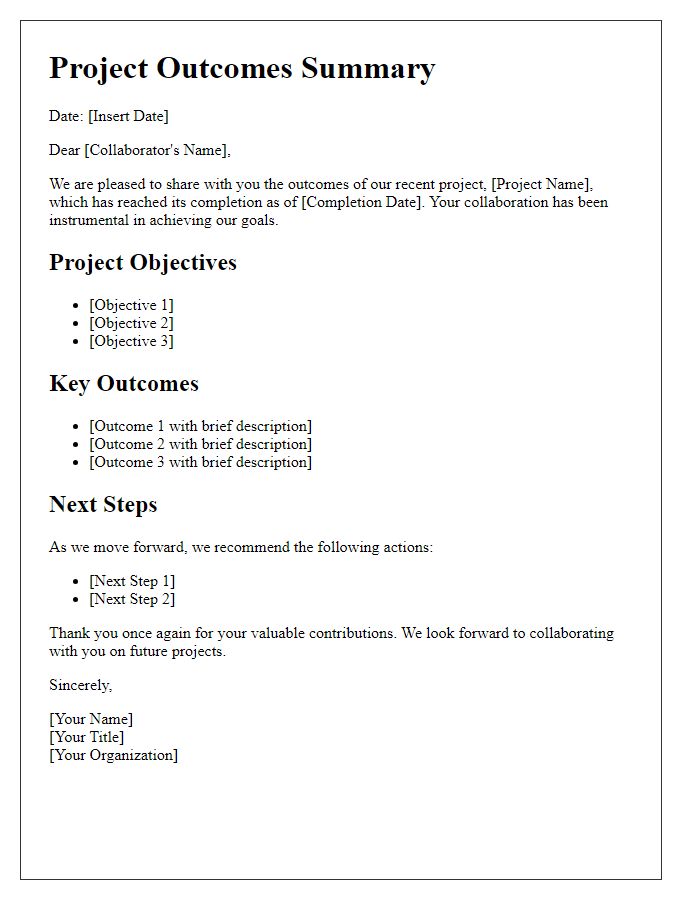 Letter template of project outcomes for collaborators