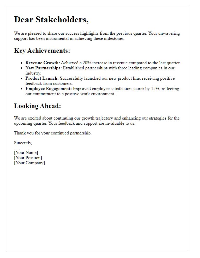 Letter template of success highlights for stakeholders