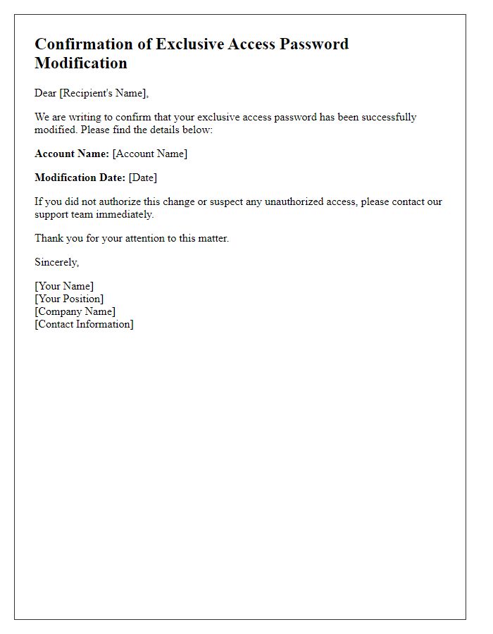 Letter template of confirmation of exclusive access password modification
