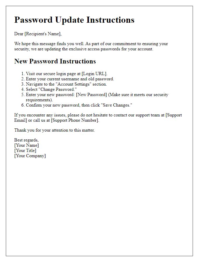 Letter template of exclusive access password update instruction