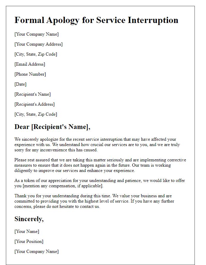 Letter template of formal apology regarding service interruption