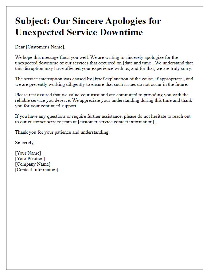 Letter template of immediate apology for unexpected service downtime