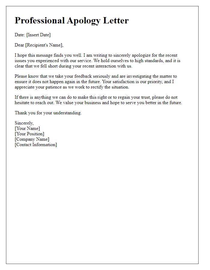 Letter template of professional apology addressing service issues