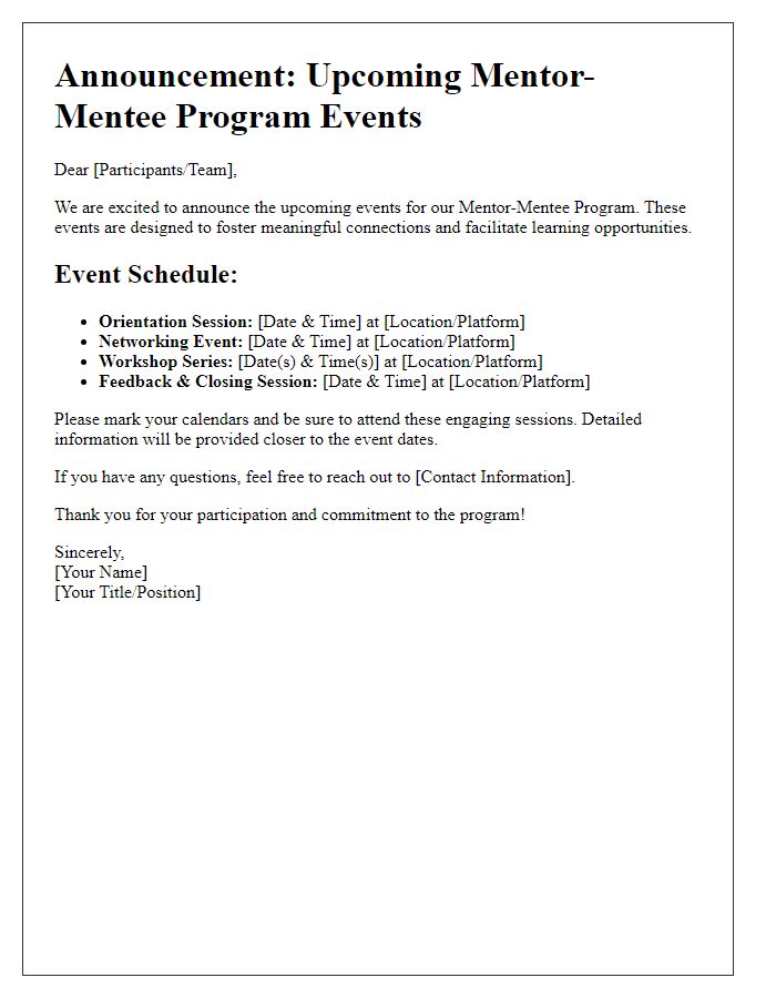 Letter template of announcement for upcoming mentor-mentee program events