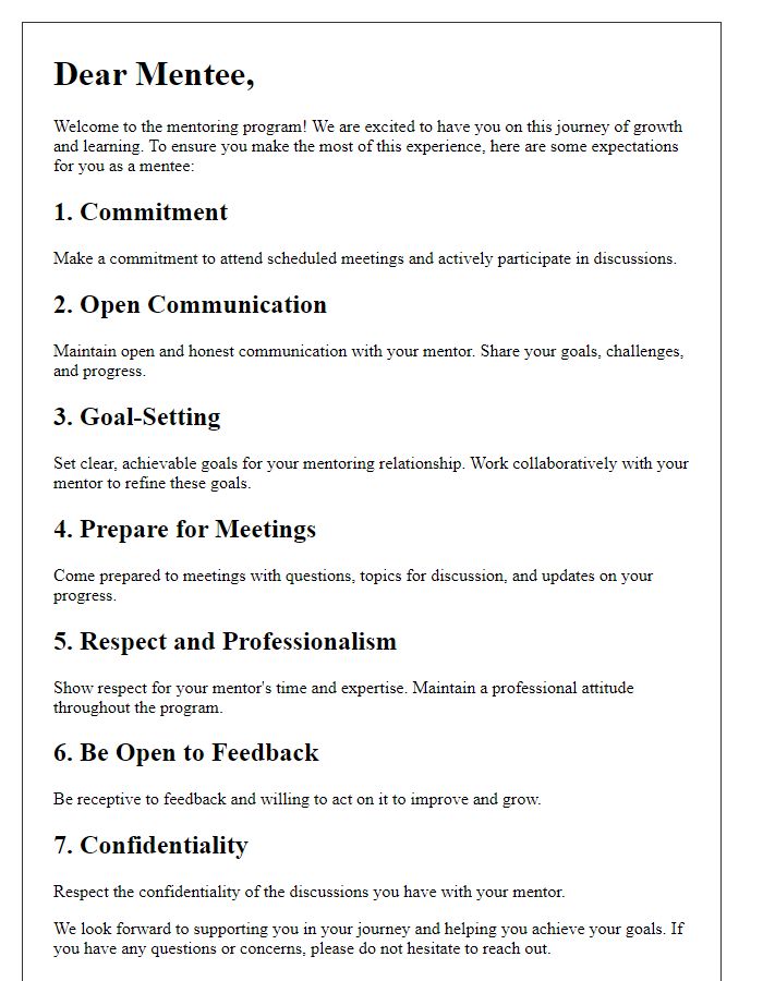 Letter template of expectations for mentees in the program