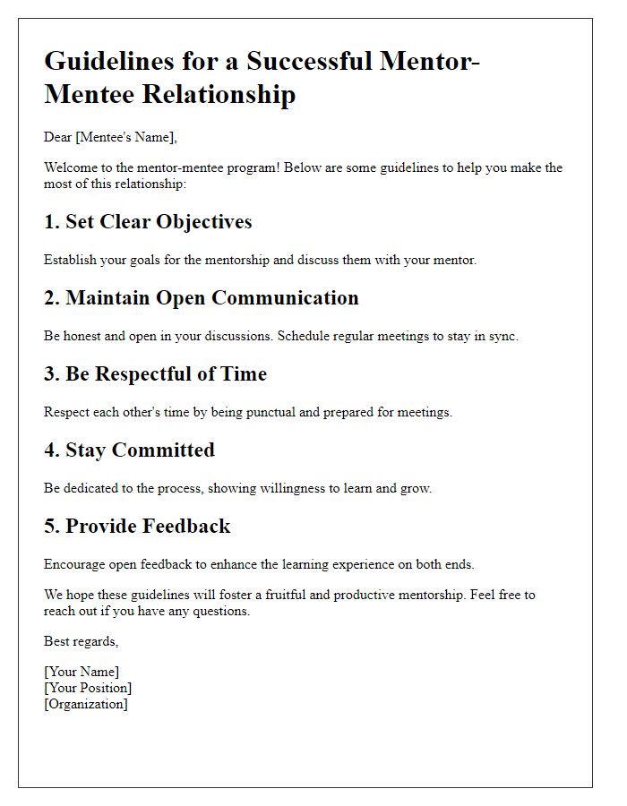 Letter template of guidelines for mentor-mentee relationship