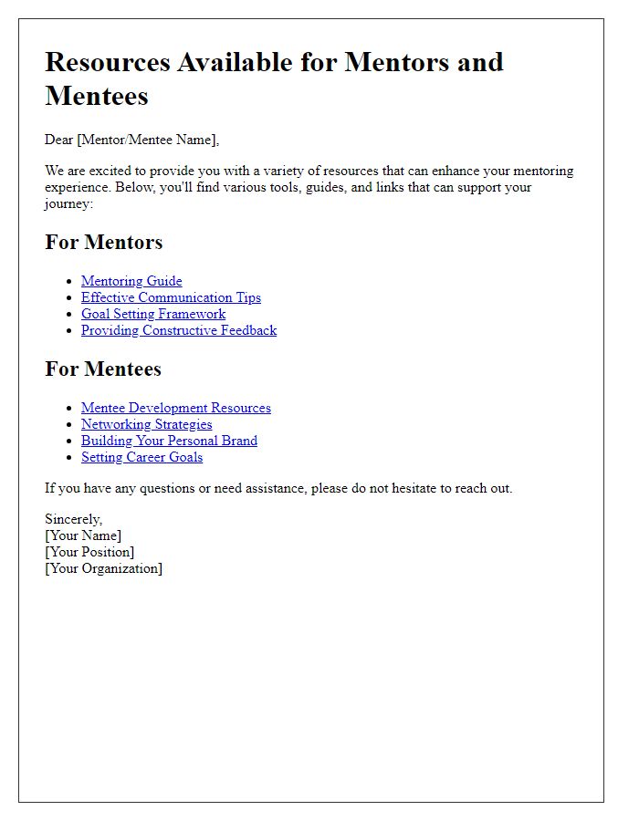 Letter template of resources available for mentors and mentees