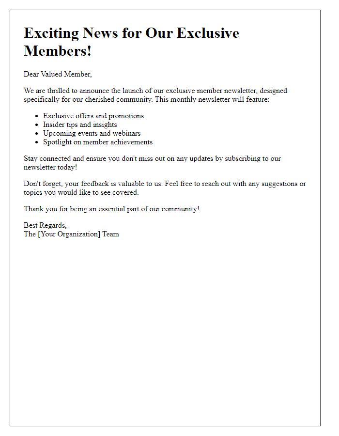 Letter template of exclusive member newsletter announcement