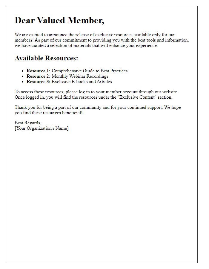 Letter template of exclusive resources release for members