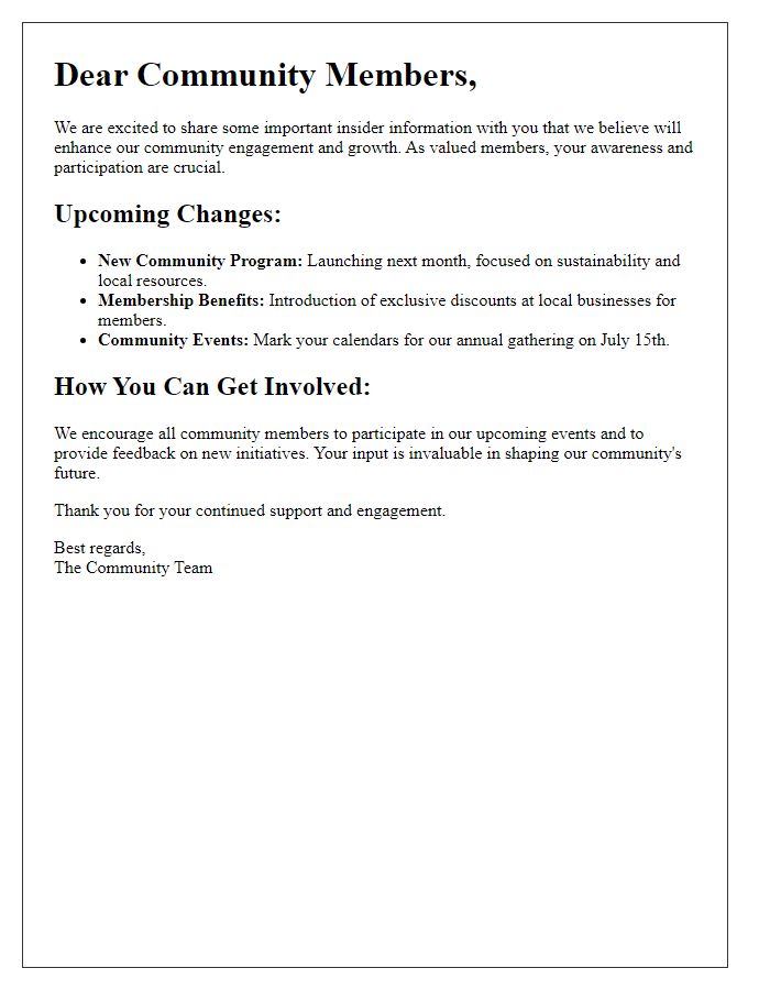 Letter template of insider information for community members