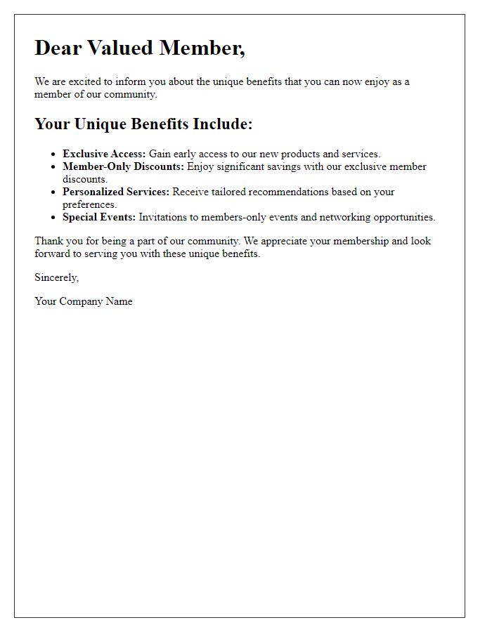 Letter template of unique benefits notification for members