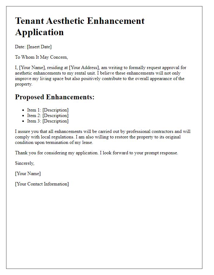 Letter template of tenant aesthetic enhancement application