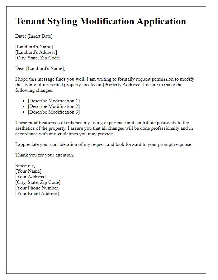 Letter template of tenant styling modification application