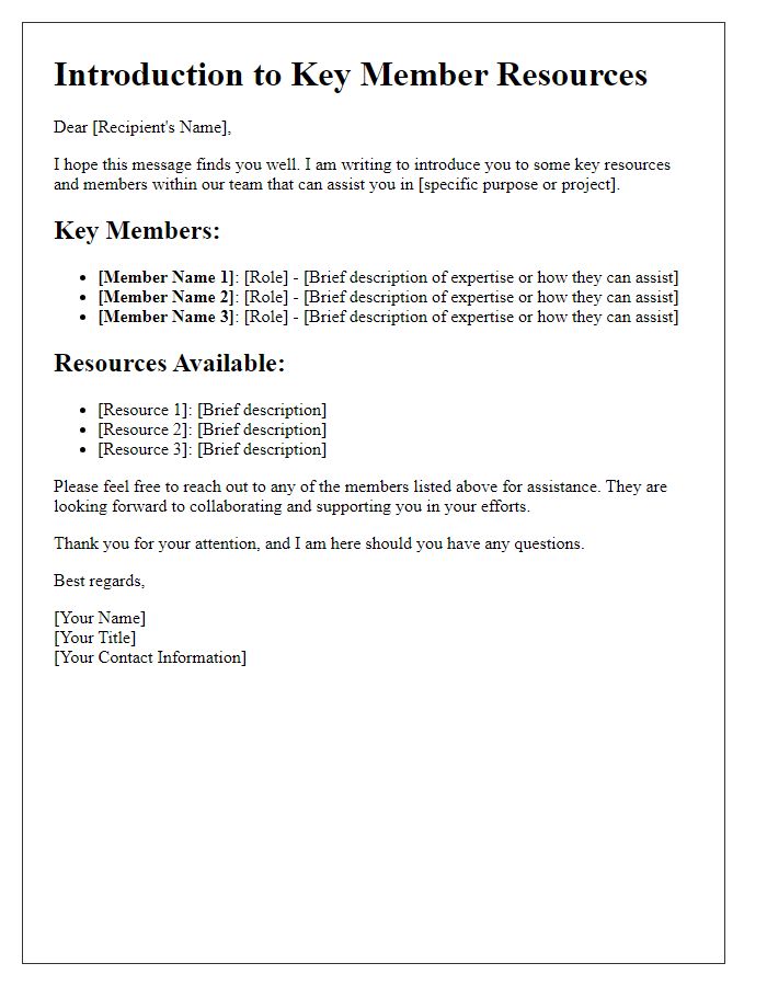 Letter template of introduction to key member resources