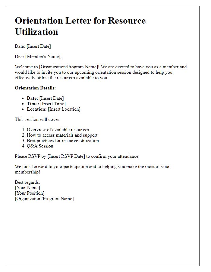 Letter template of orientation for member resource utilization