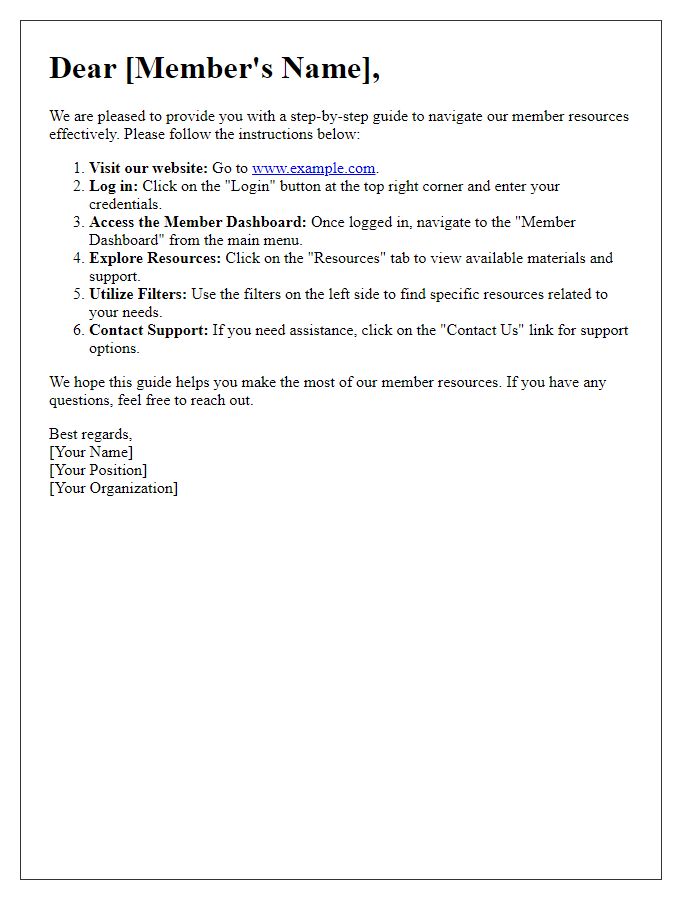 Letter template of steps to navigate member resources