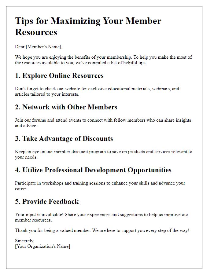 Letter template of tips for maximizing member resources