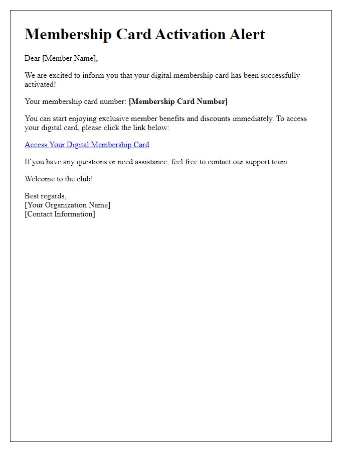 Letter template of digital membership card activation alert