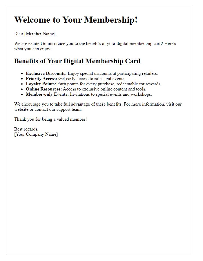 Letter template of digital membership card benefits outline