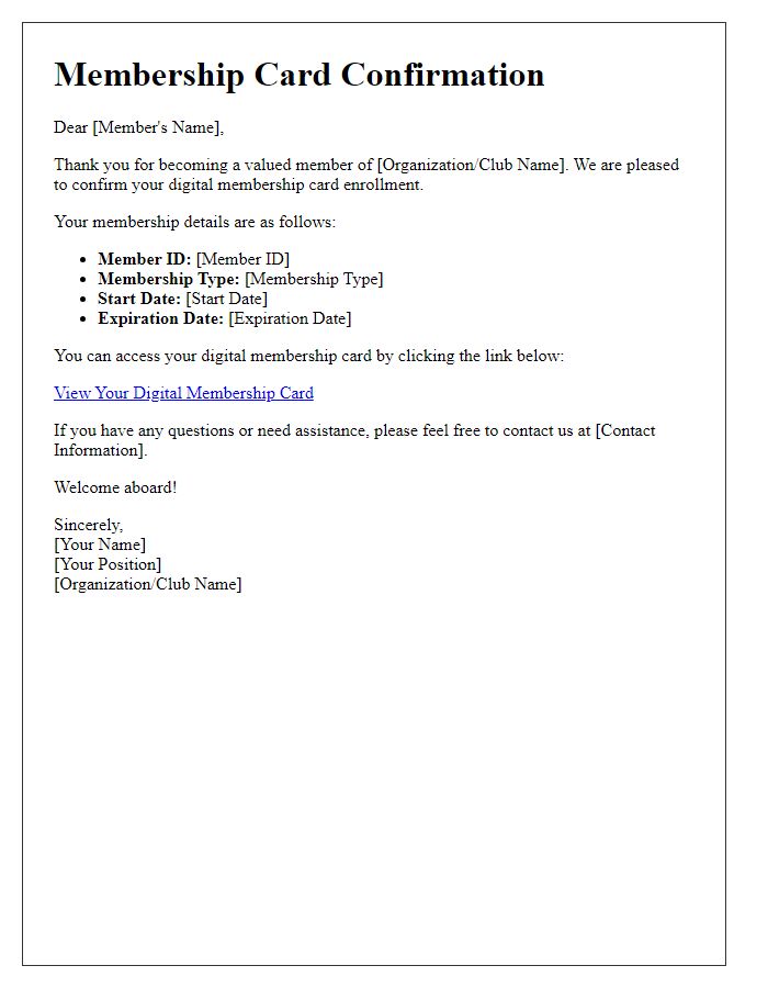 Letter template of digital membership card confirmation