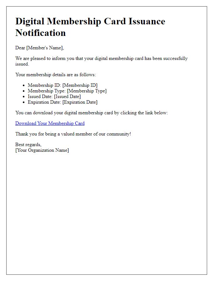 Letter template of digital membership card issuance notification