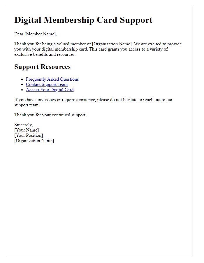 Letter template of digital membership card support resources