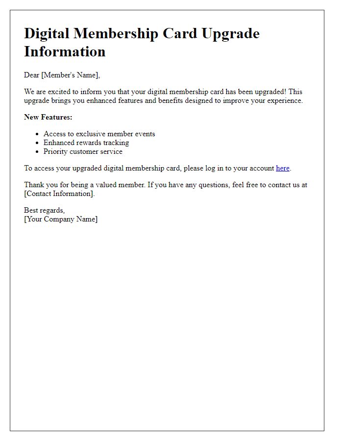Letter template of digital membership card upgrade information
