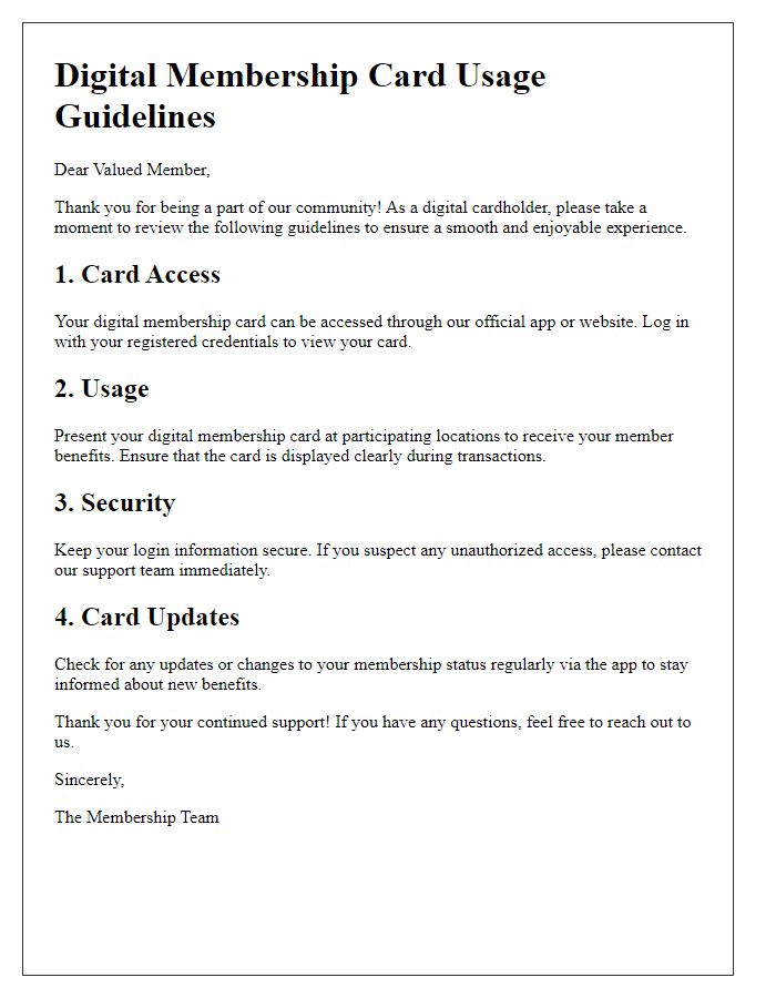 Letter template of digital membership card usage guidelines